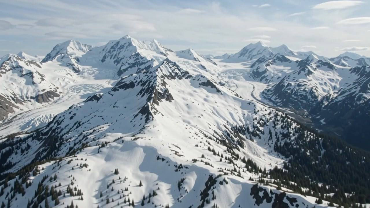 An aerial view of rugged snowy peaks and glaciers