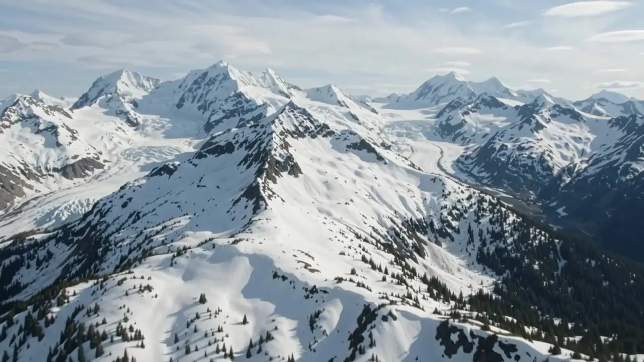 An aerial view of rugged snowy peaks and glaciers