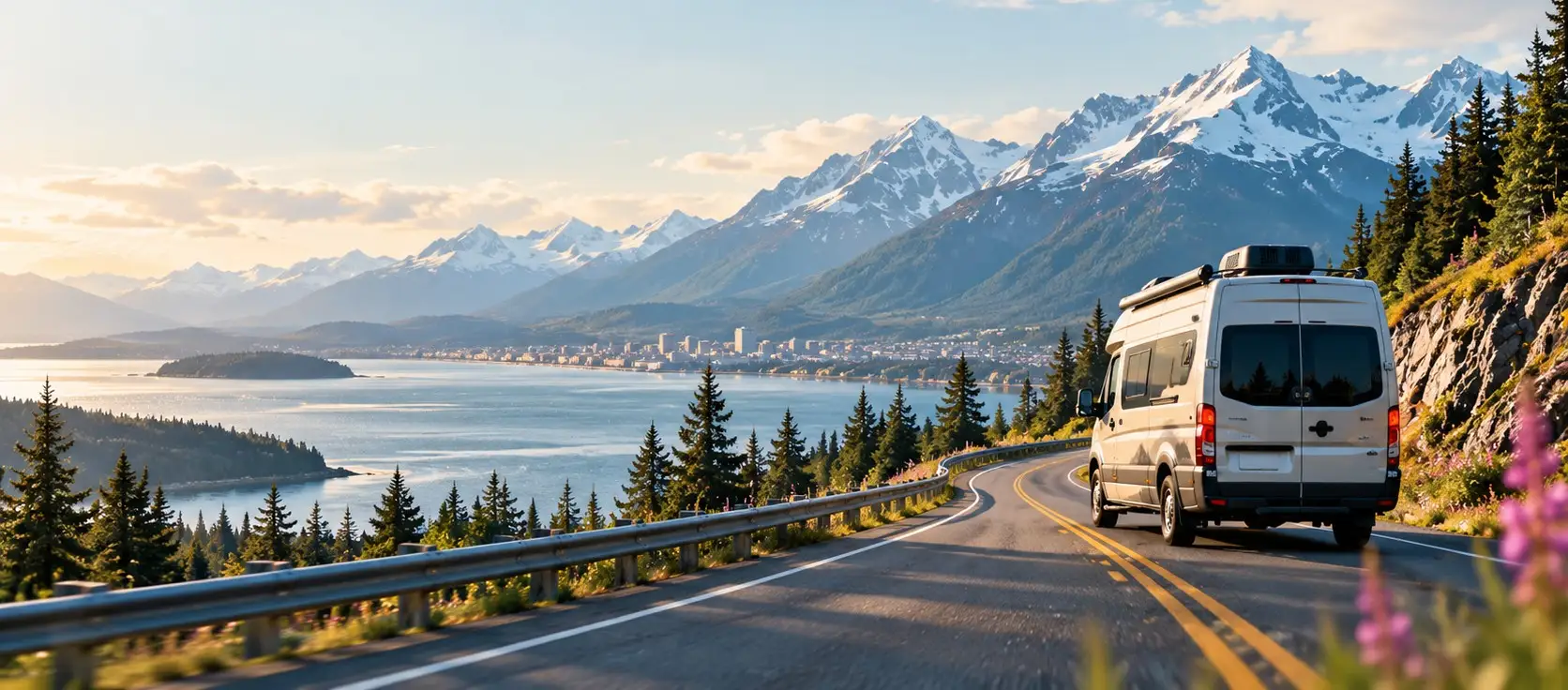 A campervan driving a coastal mountain highway above a bay at golden hour