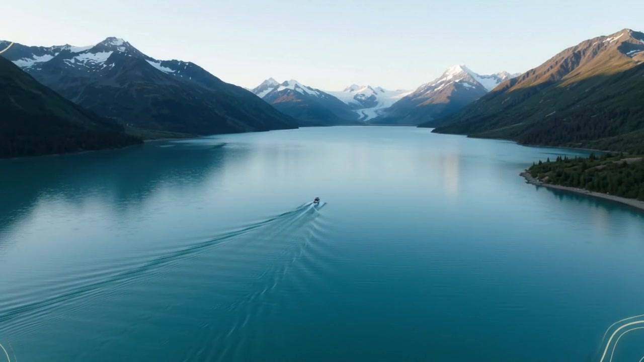 A boat leaving a wake on a long blue lake between steep mountains