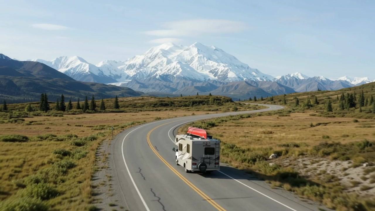 A motorhome with a red canoe on the roof driving toward a massive snow-covered peak