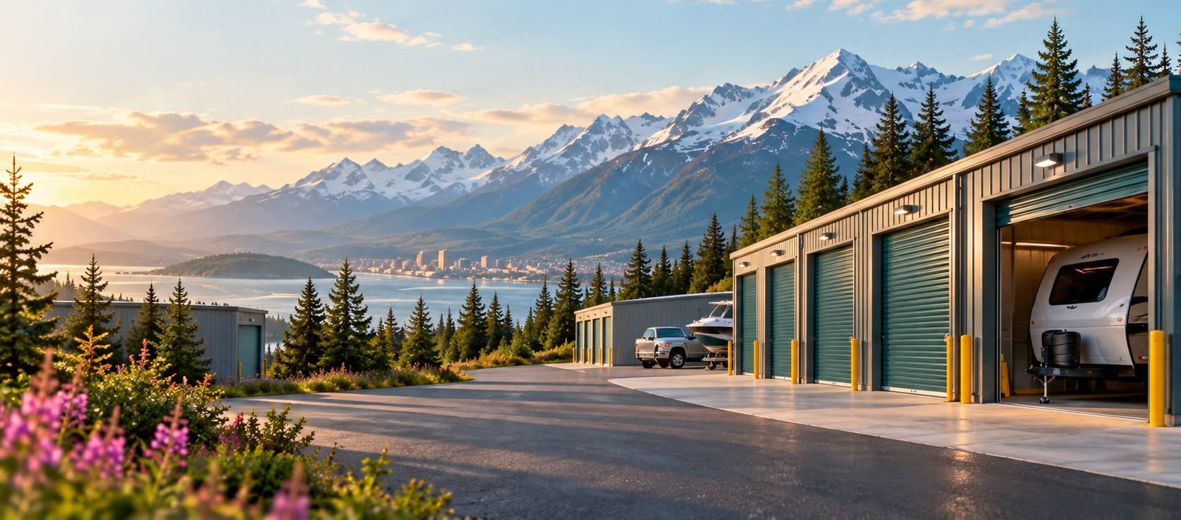 A row of drive-up storage units with a travel trailer inside one, mountains beyond